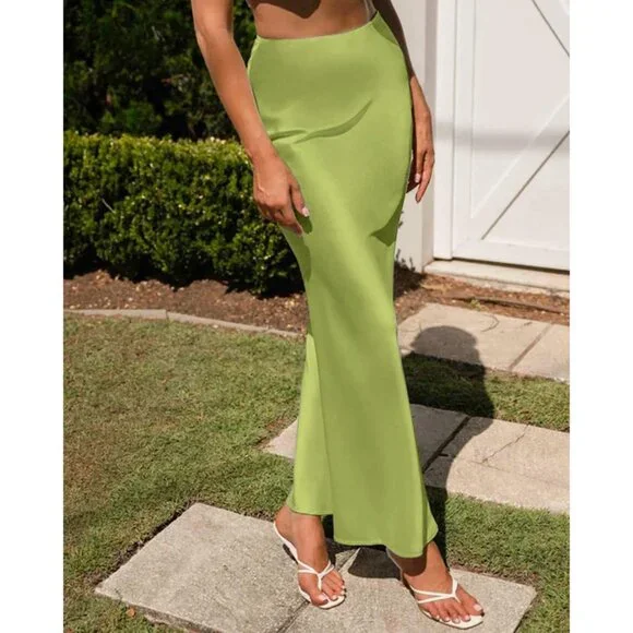 Women's Apple Green Satin Waisted Hidden Elasticized Waistband A Line Maxi Skirt - Picture 2 of 5